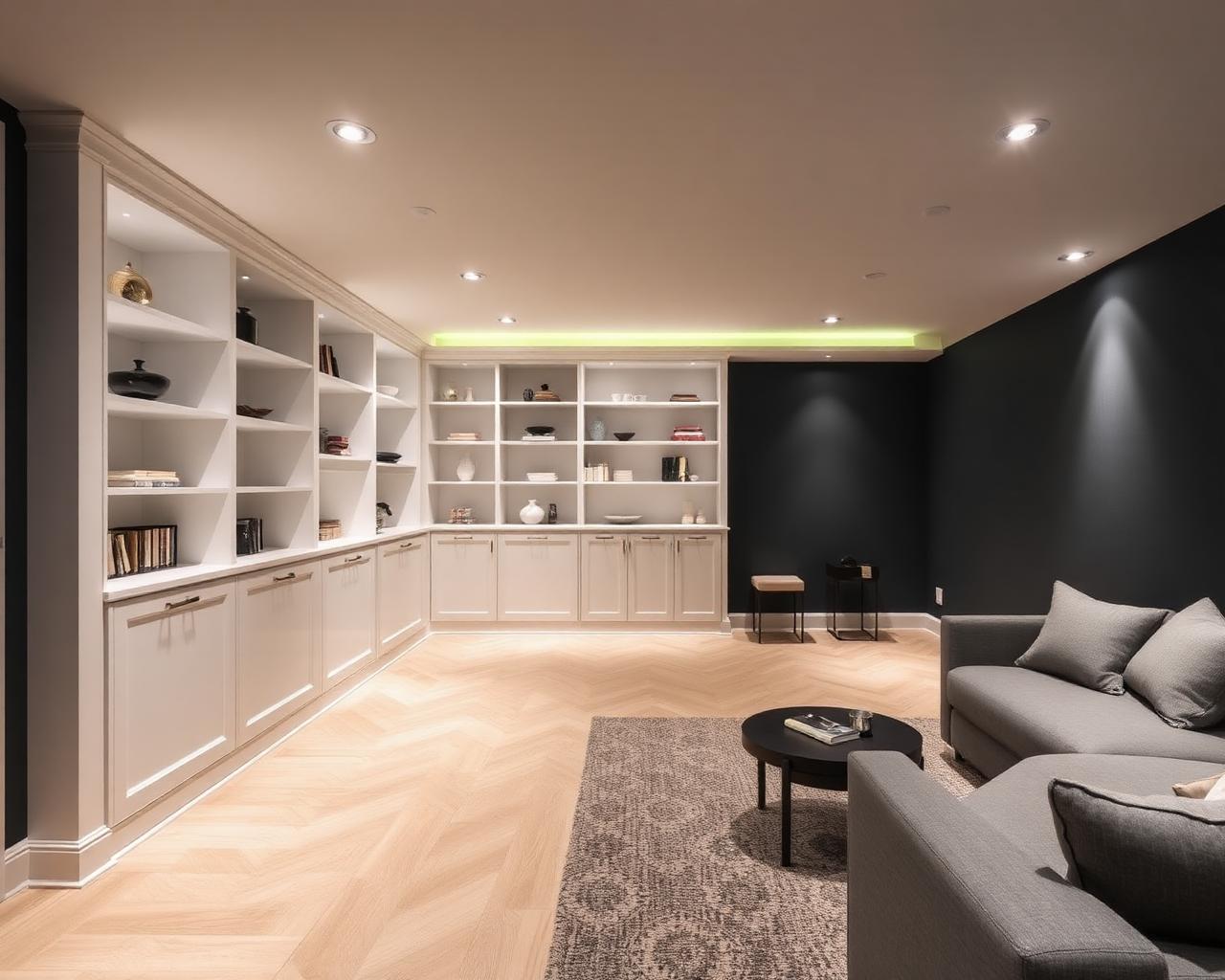 Bright basement with built-in shelving