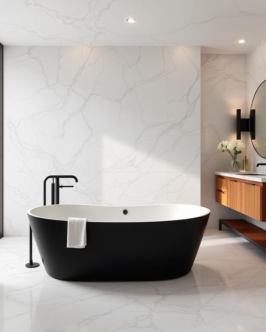 Matte black freestanding tub against marble