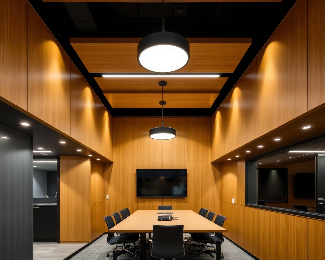 Warm wood paneled boardroom