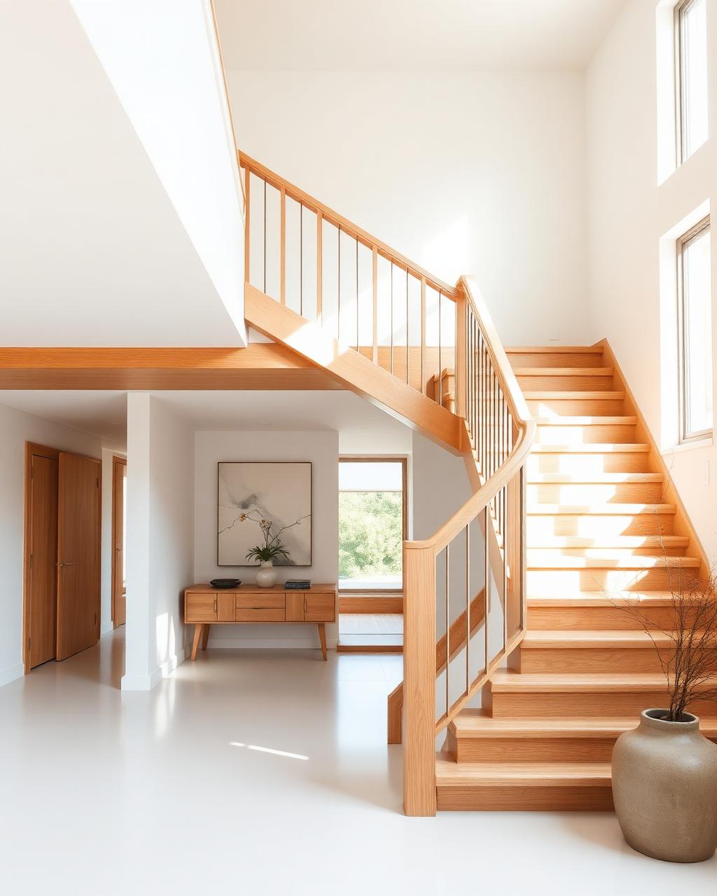 Oak staircase in light filled home